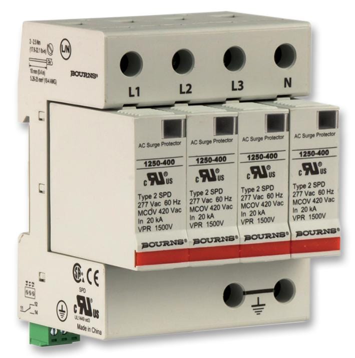 BOURNS Data Line / Mains Surge Protectors 1250-4S-400 MAINS SURGE PROTECTOR, 420VAC, DIN RAIL BOURNS 2344146 1250-4S-400