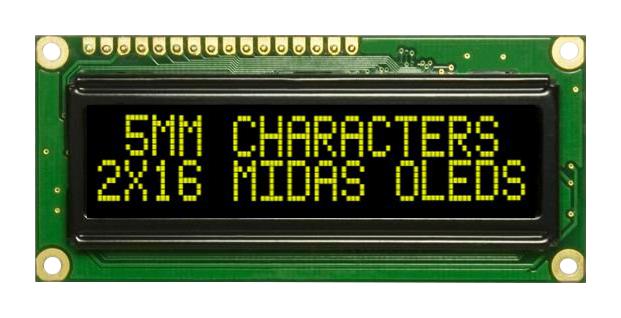 MCOB21605G1V-EYP OLED, 2X16, YELLOW/GREEN ON BLACK MIDAS