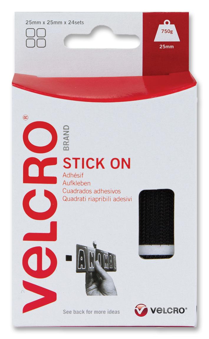 VEL-EC60236 STICK ON SQUARE, BLACK, 25MM, 24 SETS VELCRO