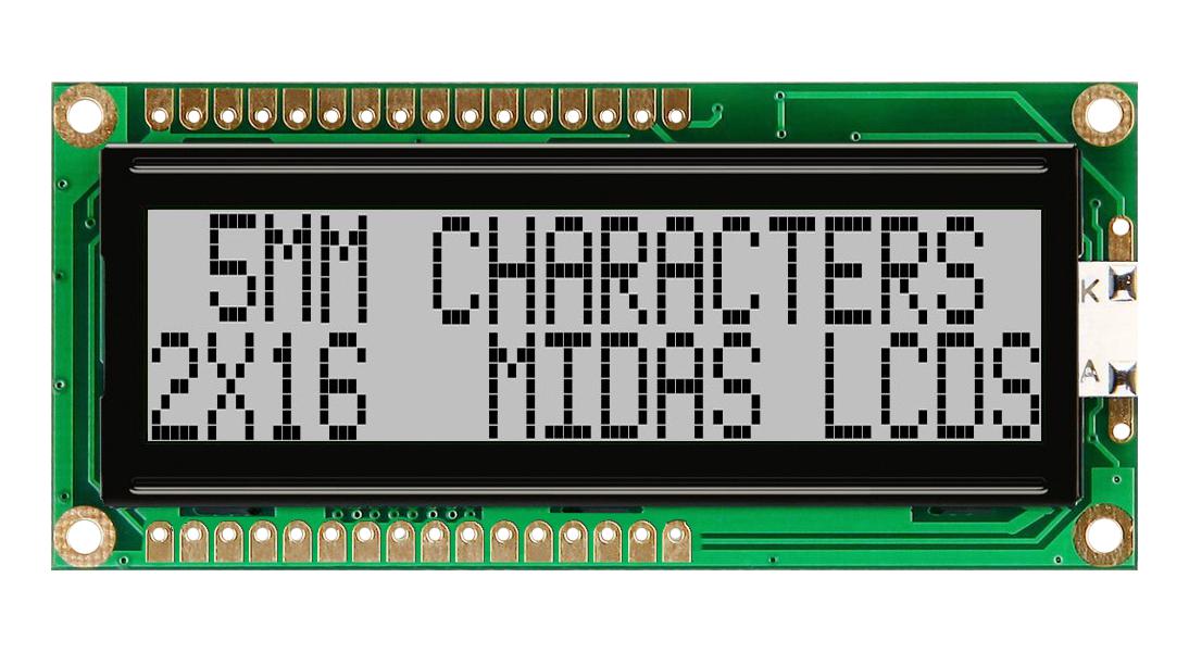 MC21605G6W-GPR-V2 DISPLAY, ALPHANUMERIC, 16X2, NOBACKLIGHT MIDAS