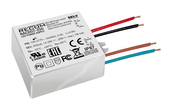 RACD07-350 LED DRIVER, AC-DC, CC, 0.35A, 21V RECOM POWER