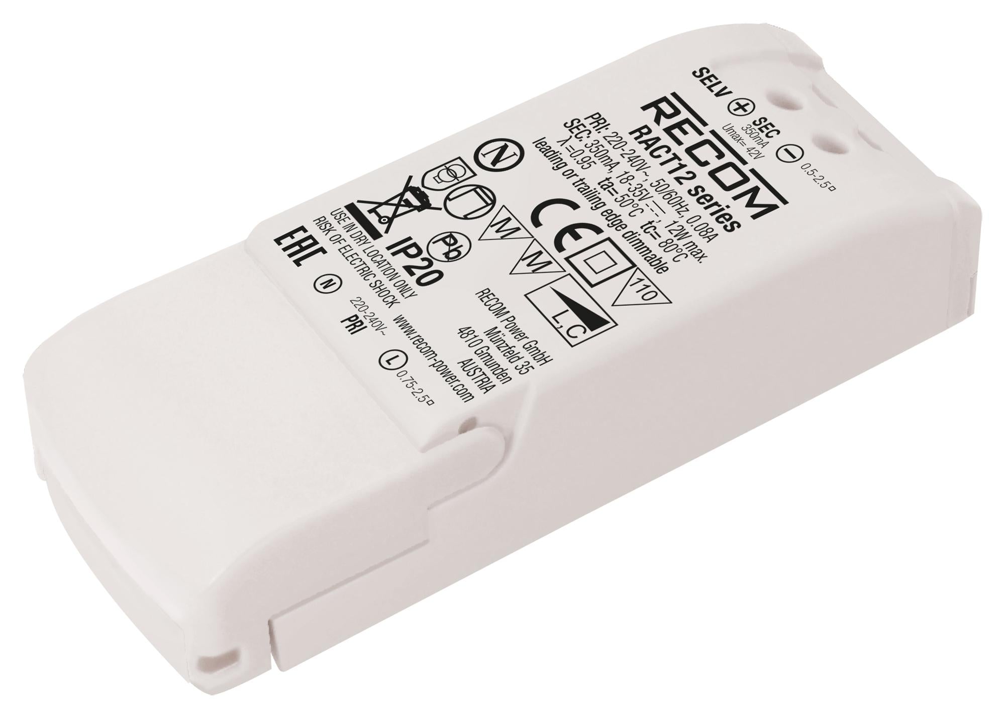 RACT12-500 LED DRIVER, SINGLE O/P, CC MODE, 12W RECOM POWER