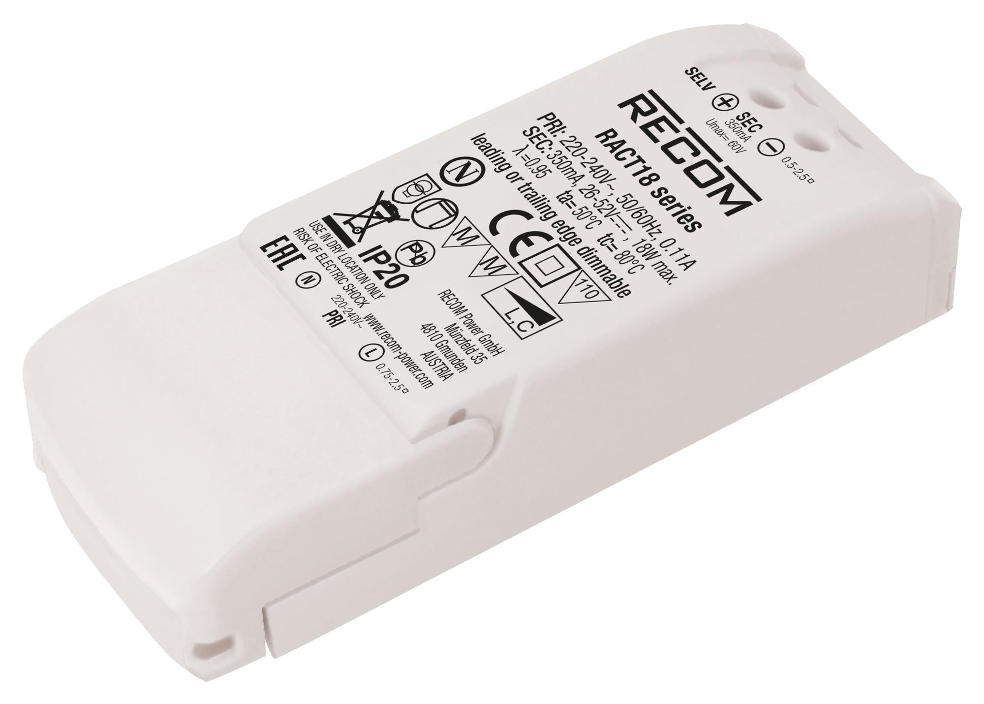 RACT18-700 LED DRIVER, SINGLE O/P, CC MODE, 18W RECOM POWER
