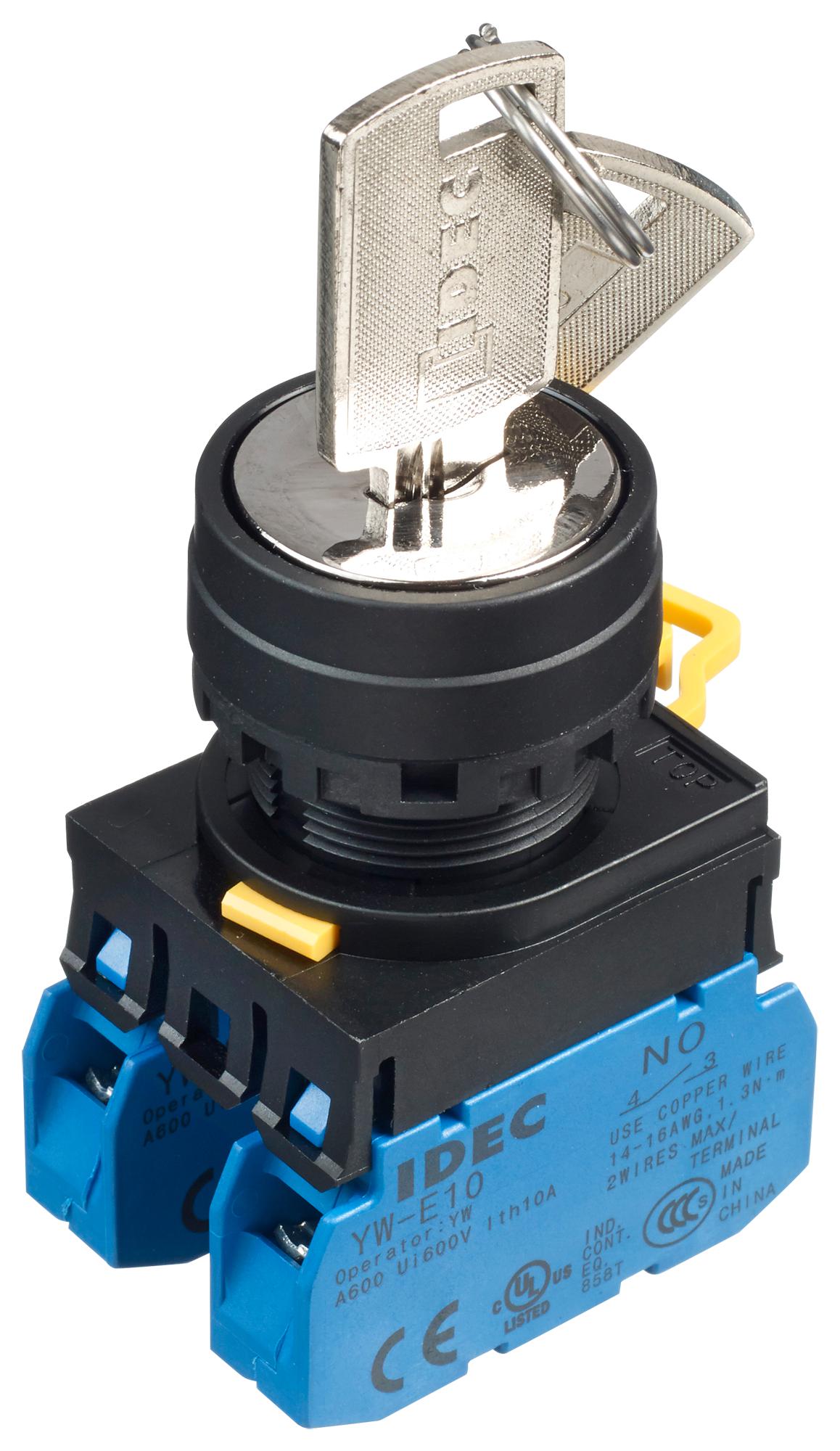 YW1K-31BE20 KEYLOCK SW, DPST-NO, 3 POS, 10A, 600VAC IDEC