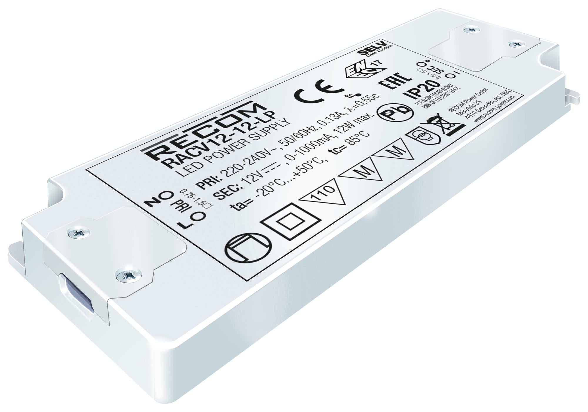 RACV12-24-LP LED DRIVER, SINGLE O/P, CV MODE, 12W RECOM POWER