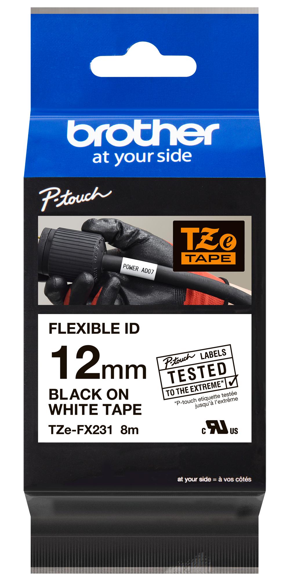 TZEFX231 PET FILM TAPE, ADHESIVE, BLACK ON WHITE BROTHER