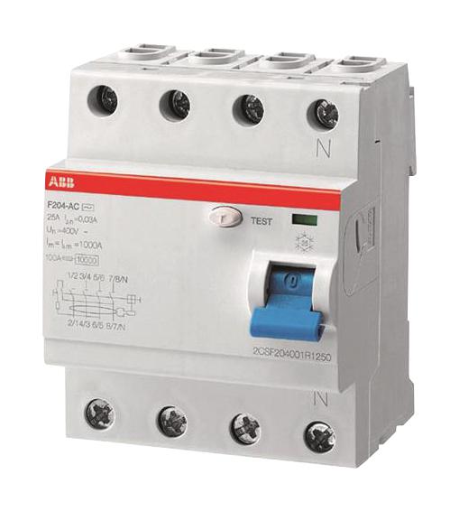F204F-40/0.03 RCCB, 4P, 40A, 400VAC, DIN RAIL ABB
