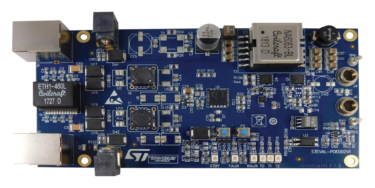 STEVAL-POE002V1 EVAL BOARD, POE-PD CONVERTER, 5V, 8A STMICROELECTRONICS