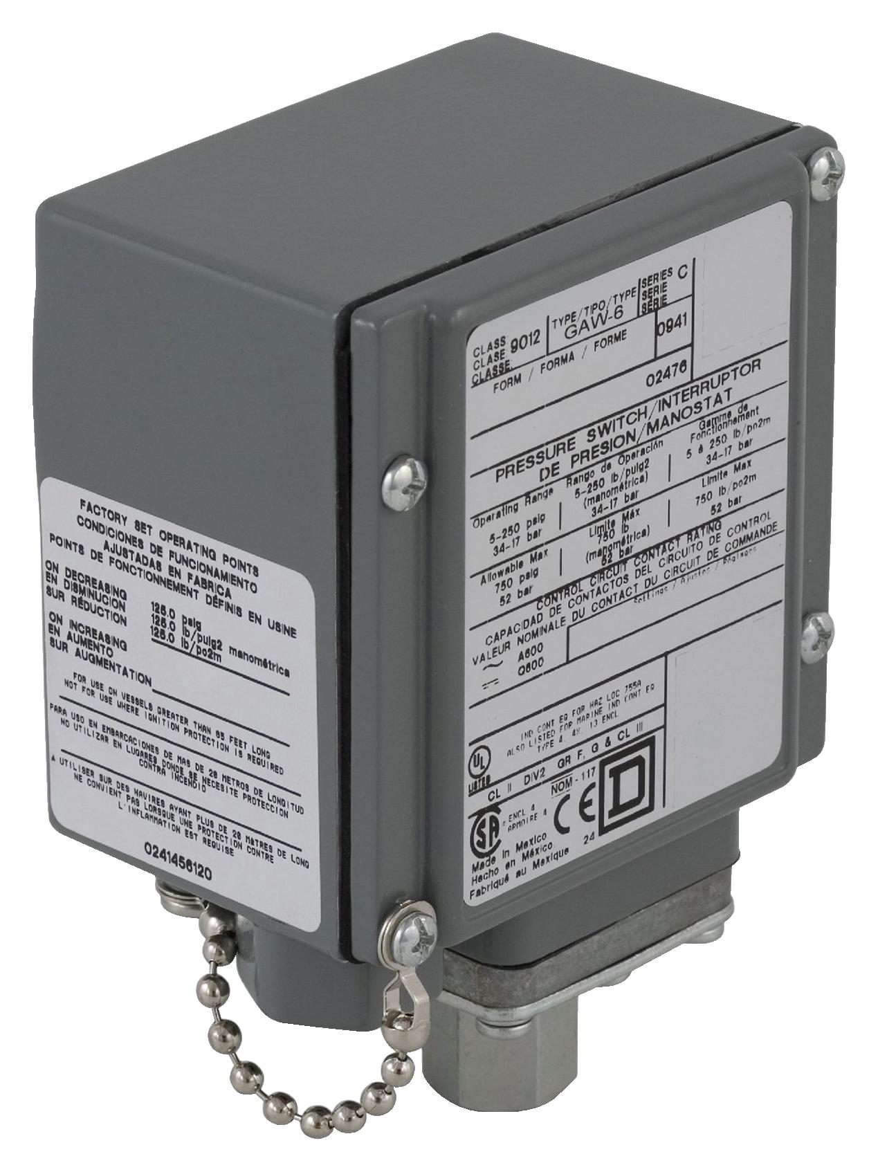 9012GAW4 PRESSURE SWITCH, SPDT, 75PSI, 125V SCHNEIDER ELECTRIC