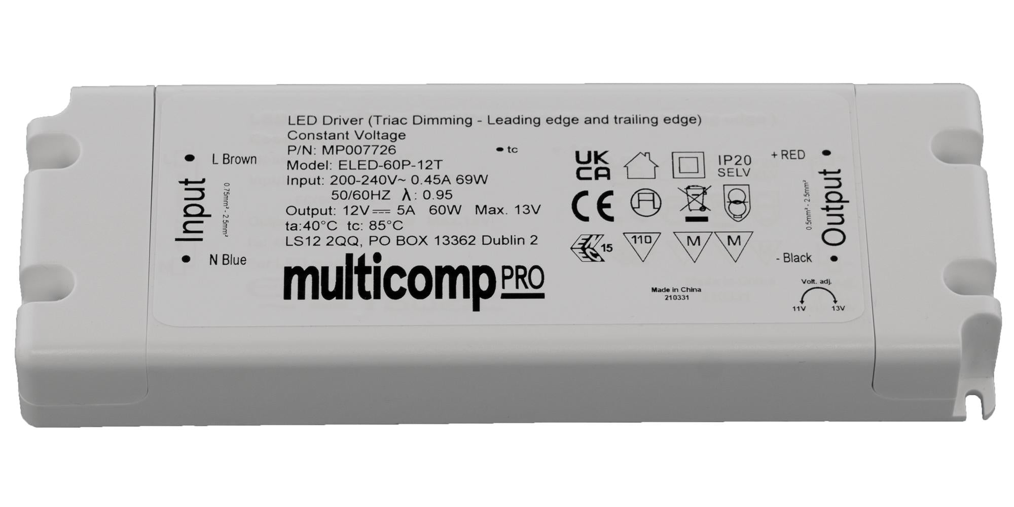 MP007726 LED DRIVER, CONSTANT VOLTAGE, 60W MULTICOMP PRO