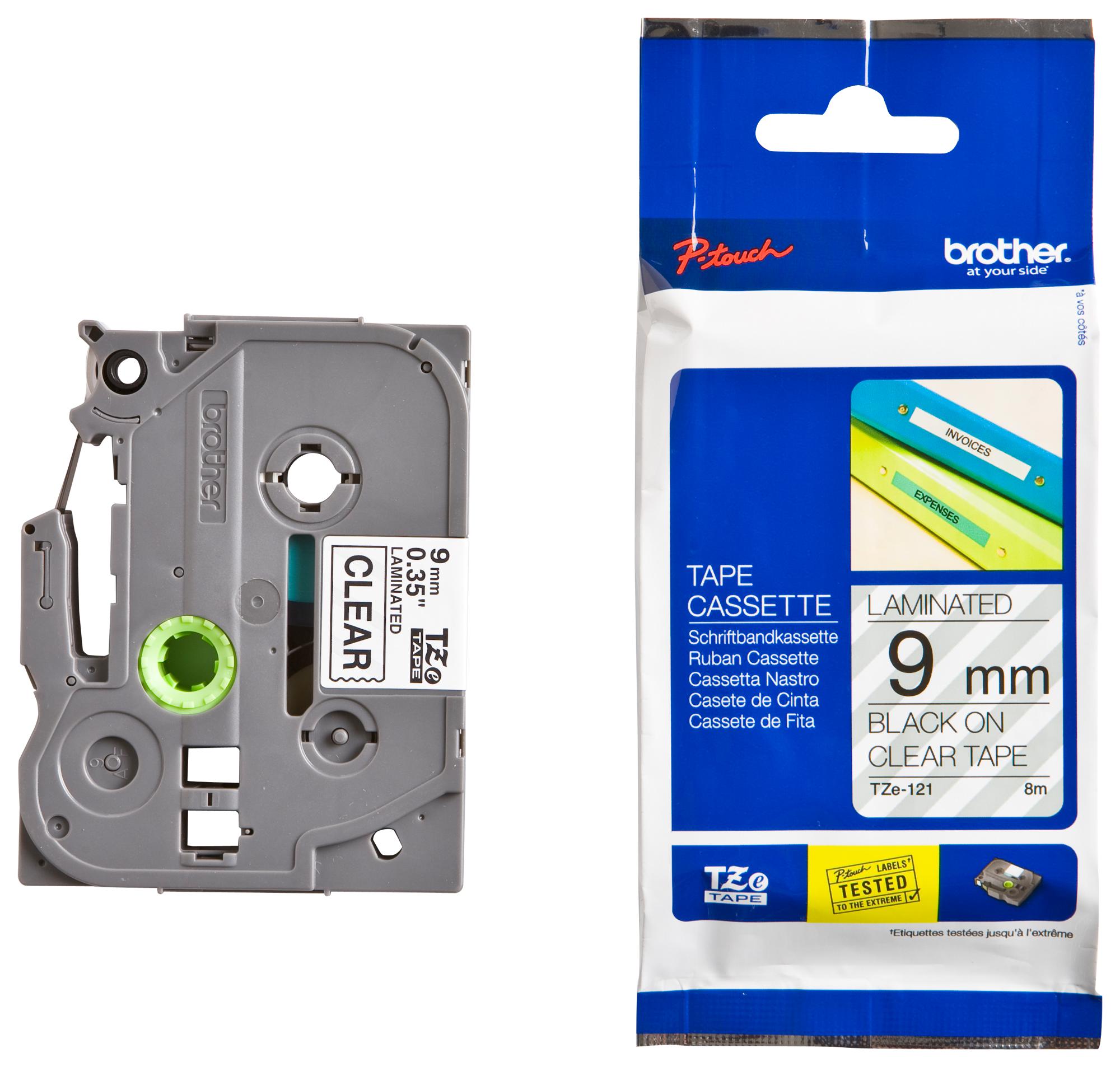 TZE-121 TAPE, BLACK ON CLEAR, 9MM W, 8M L BROTHER