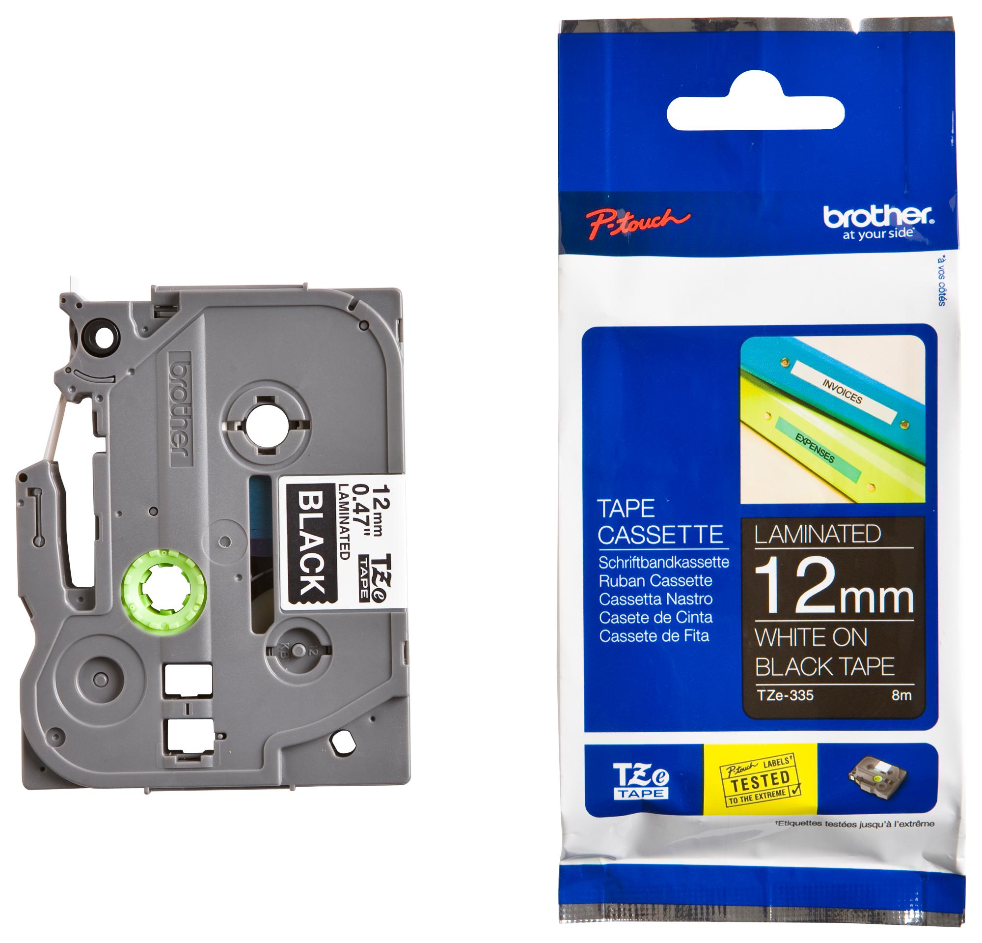 TZE-335 TAPE, WHITE ON BLACK, 12MM W, 8M L BROTHER