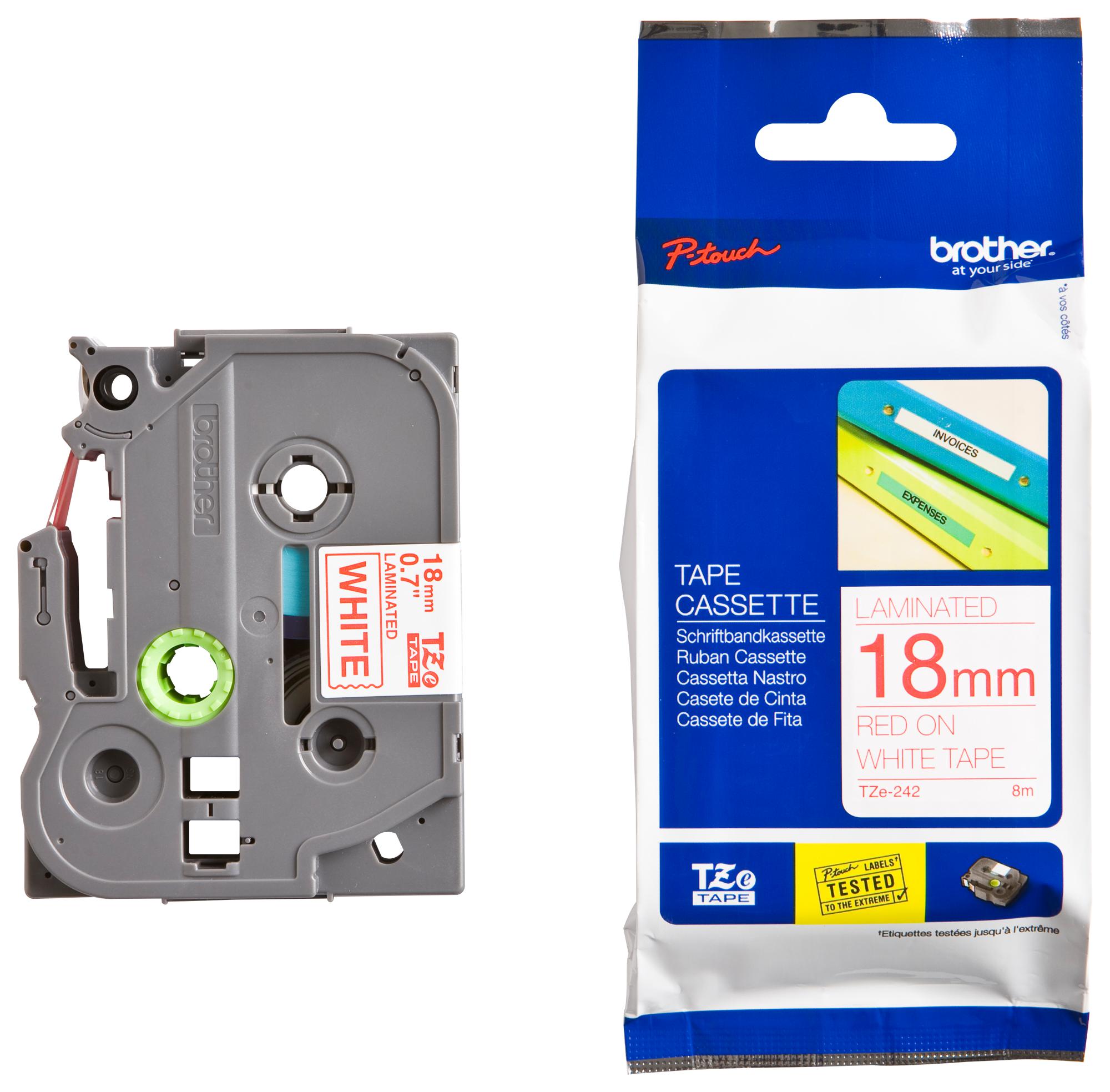 TZE-242 TAPE, RED ON WHITE, 18MM W, 8M L BROTHER
