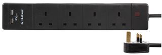 PEL00108 Extension 4 Gang With 2 USB, Black 1m Pro Elec