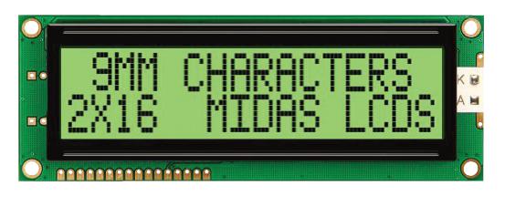 MC21609A6W-GPTLY-V2 DISPLAY, ALPHANUMERIC, 16X2, YELLOW/GRN MIDAS