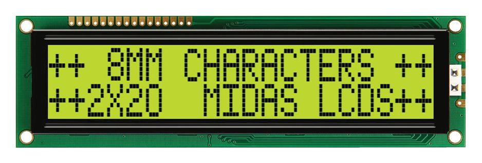 MC22008B6W-SPTLY-V2 DISPLAY, ALPHANUMERIC, 20X2, YELLOW/GRN MIDAS