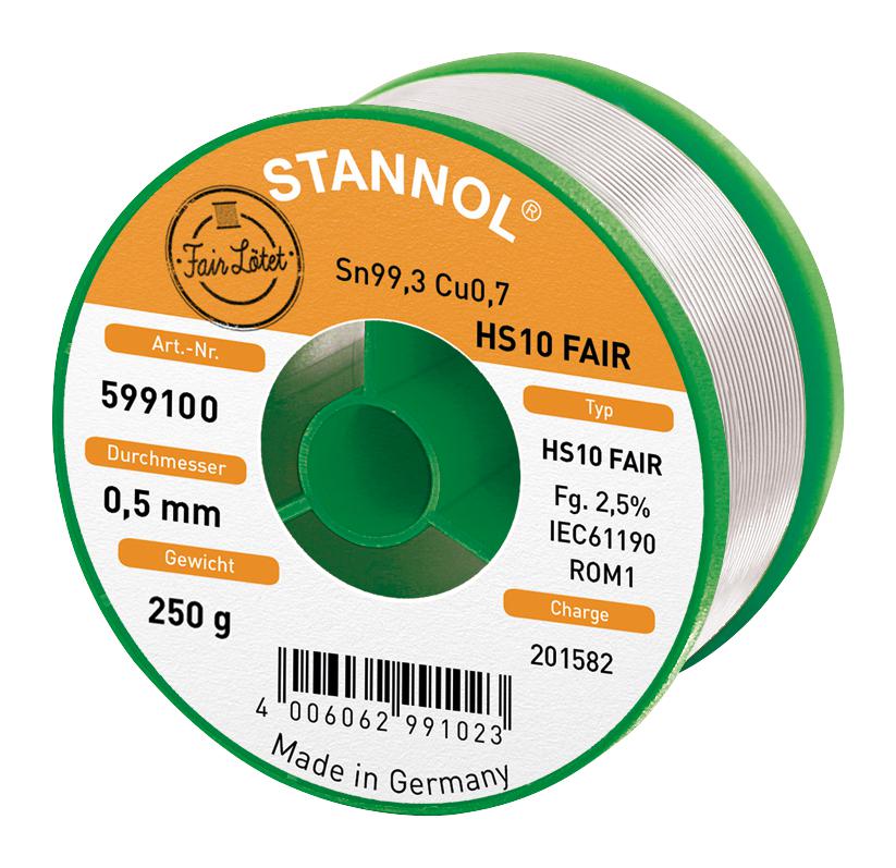 HS10 FAIR, 0.5MM, 250G SOLDER WIRE, 99.3/0.7 SN/CU, 250G STANNOL