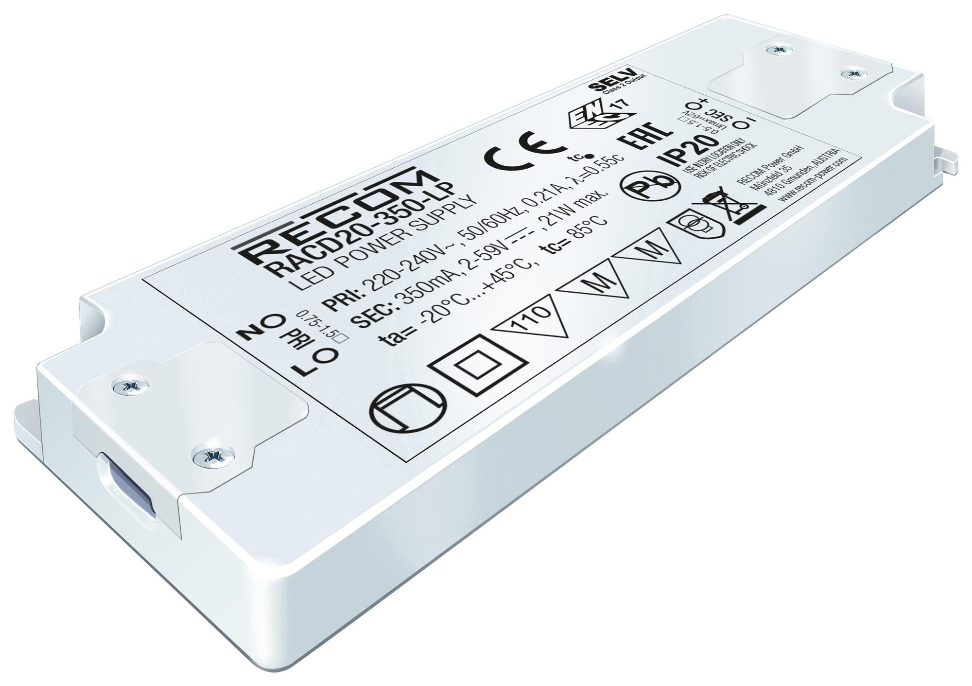 RACD20-700-LP LED DRIVER, SINGLE O/P, CC MODE, 22W RECOM POWER