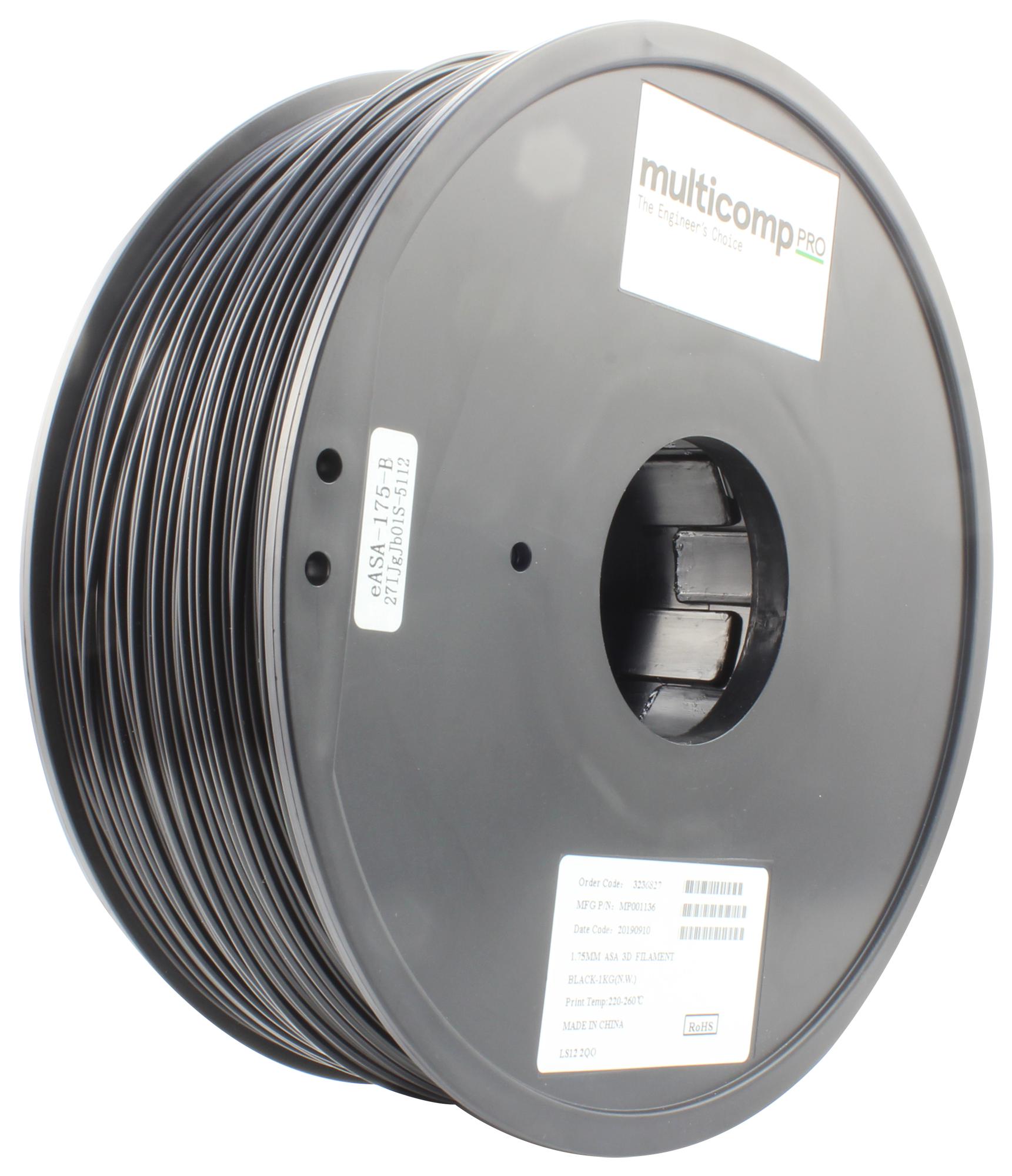 MP001136 3D FILAMENT, 1.75MM, ASA, BLACK MULTICOMP PRO