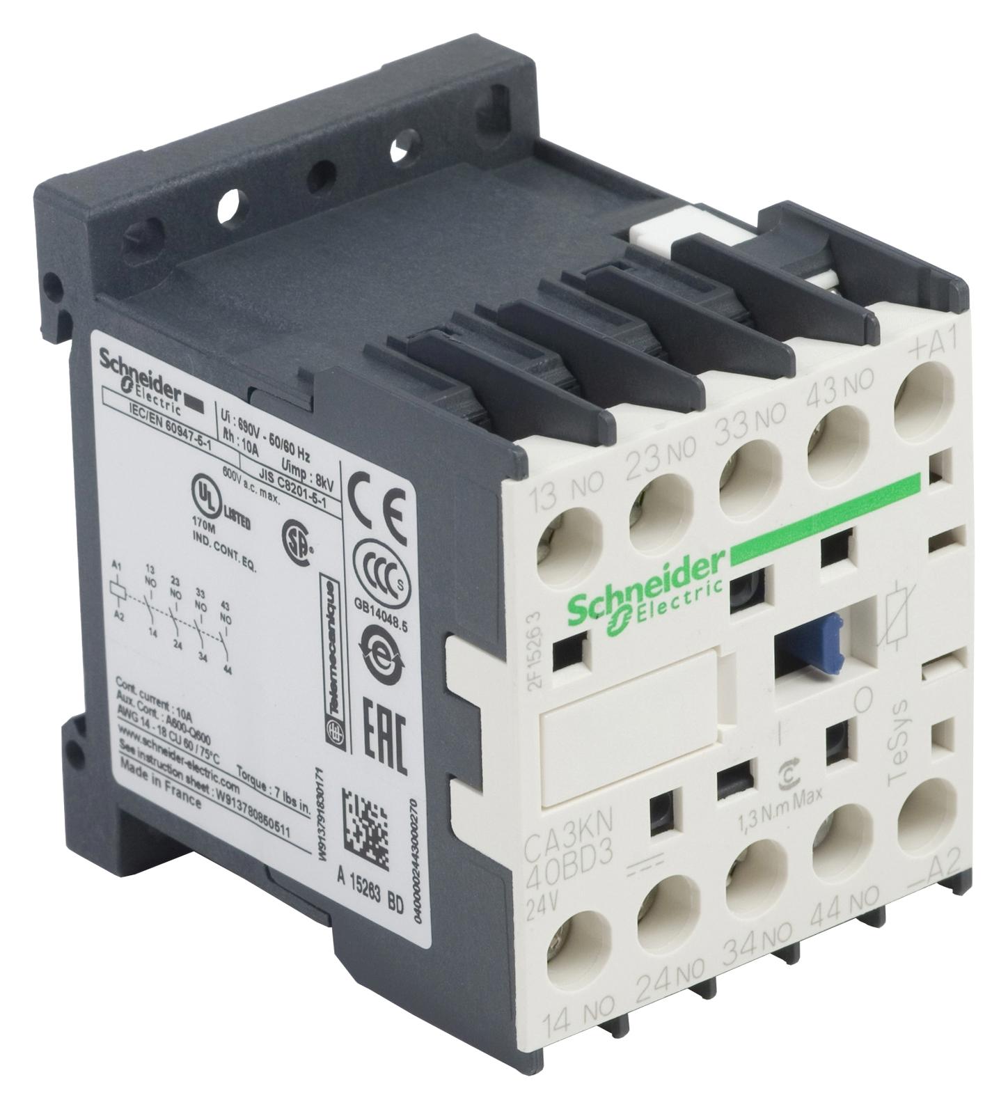 CA3KN40BD3 CONTACTOR, 4PST-NO, 24V, DIN RAIL/PANEL SCHNEIDER ELECTRIC