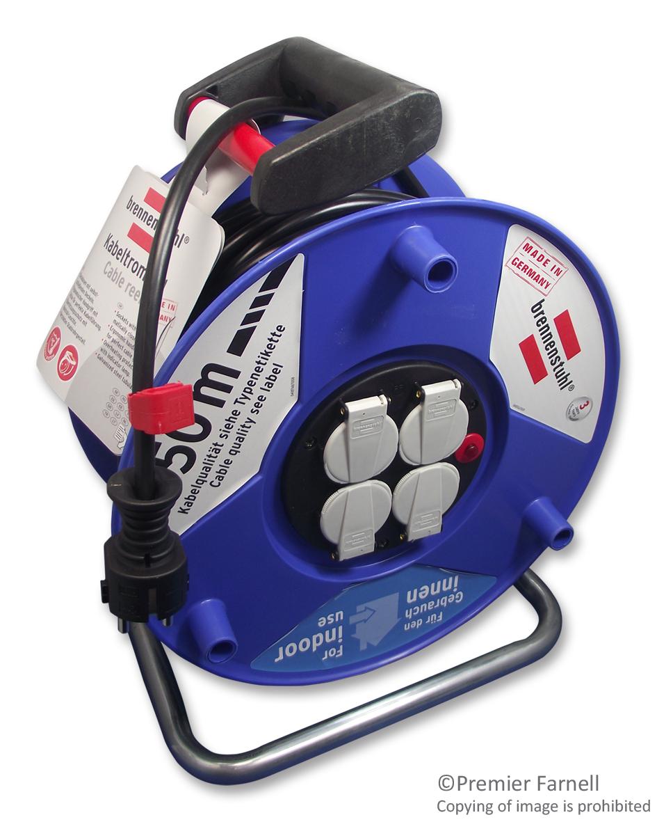 1 20886 0 MAINS EXTENSION REEL, 4 OUTLET IP20, 50M BRENNENSTUHL
