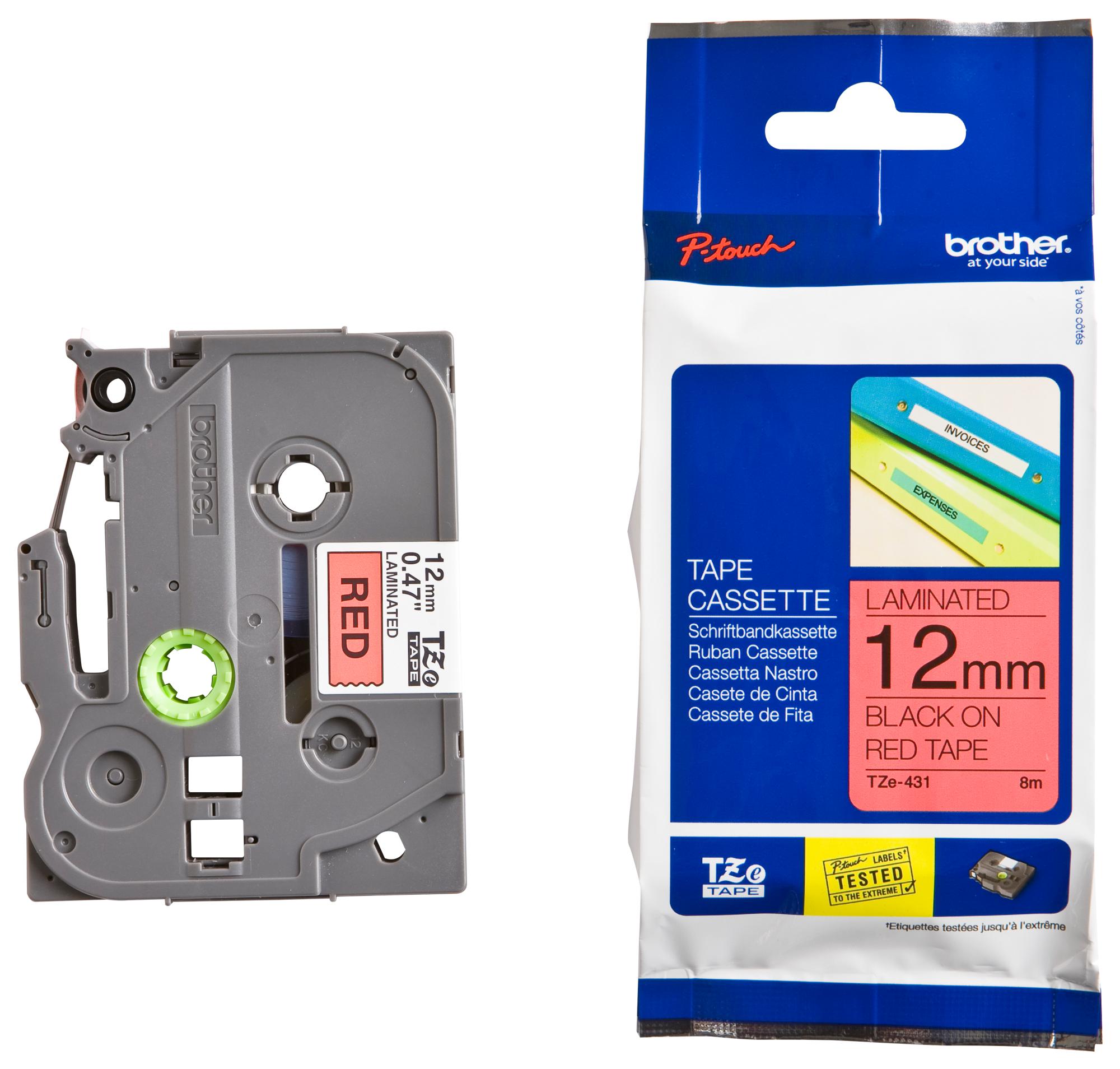 TZE-431 TAPE, BLACK ON RED, 12MM W, 8M L BROTHER