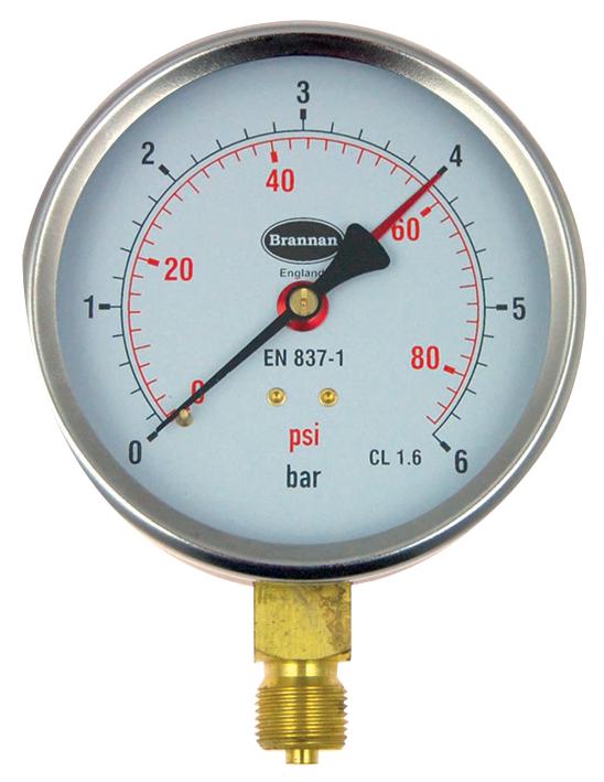 34/654/0 PRESSURE GAUGE, DIAL, 0 TO 6 BAR BRANNAN