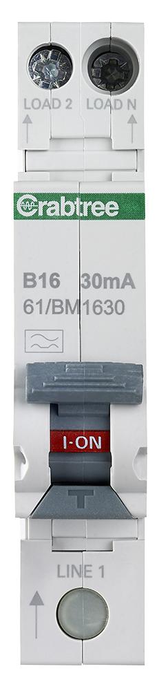 61/BM1630 16A 30MA RCBO SINGLE MODULE B CURVE CRABTREE