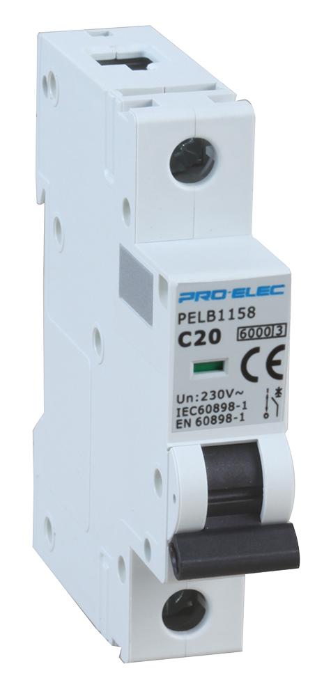PELB1158 CIRCUIT BREAKER, 1P, 20A, 415V, DIN RAIL PRO ELEC