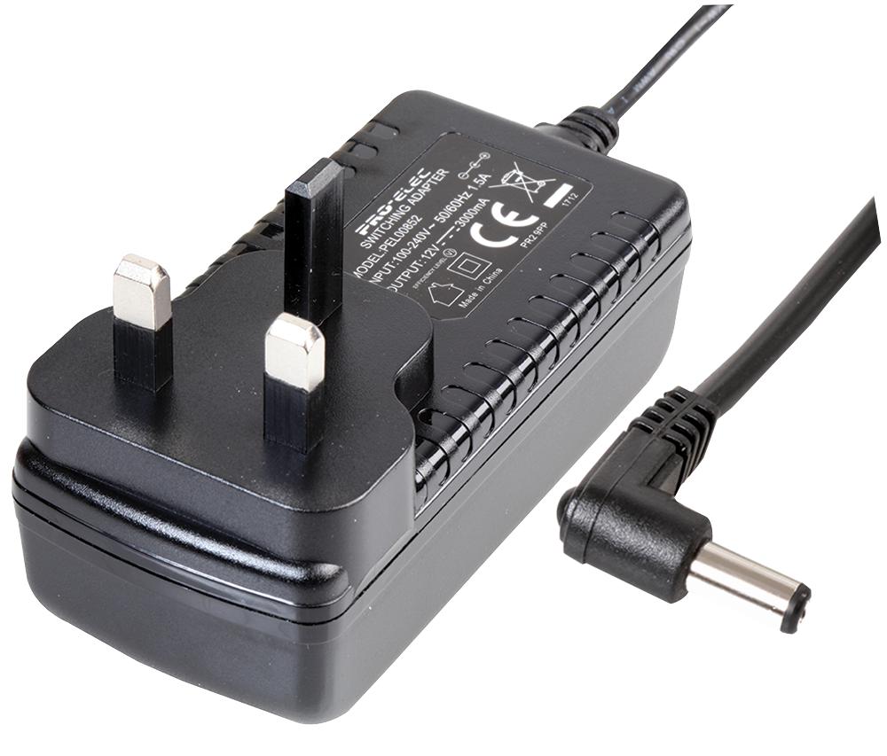 PEL00853 AC-DC PSU 12V 3A 2.1MM RA DC PLUG PRO ELEC