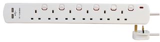 8618SU Extension Lead 6 Gang With USB White 2m Pro Elec
