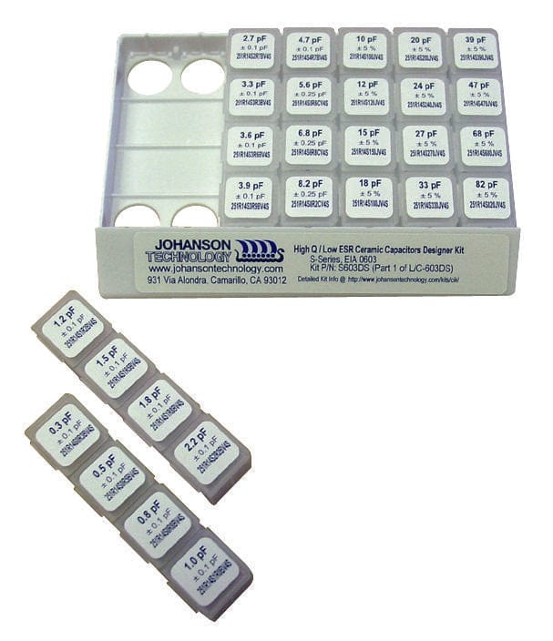 JOHANSON TECHNOLOGY Capacitor Assortments S201DL KIT, HIQ CAPS, DESIGN, 0201, 1200 PCS JOHANSON TECHNOLOGY 2291761 S201DL